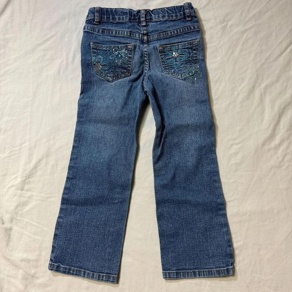 Arizona Jean Bootcut Flair Girl's 5 Blue Denim Pants Adjustable Sequin Pocket